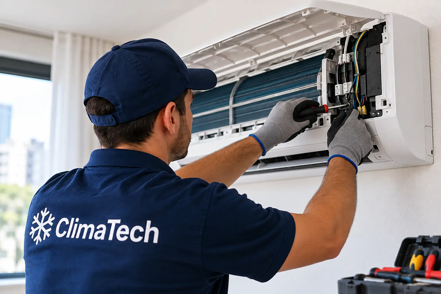 Profissional realizando reparação em ar-condicionado